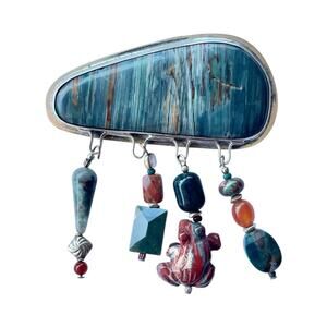 .925 Silver & Carved Stones Large Navajo-Style Native Dangling Brooch Pin 70mm